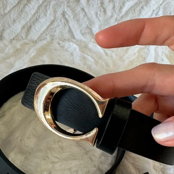 Black Vegan Leather Belt with Gold C Buckle – Fits Waist 28-36 Inches - Classic - Picture 7 of 11